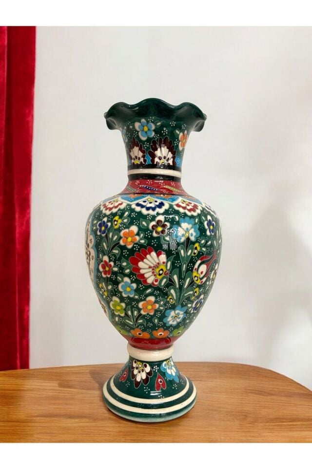 Özel Tasarım Kütahya Çinisi Yeşil Elhamra Vazo - 30Cm