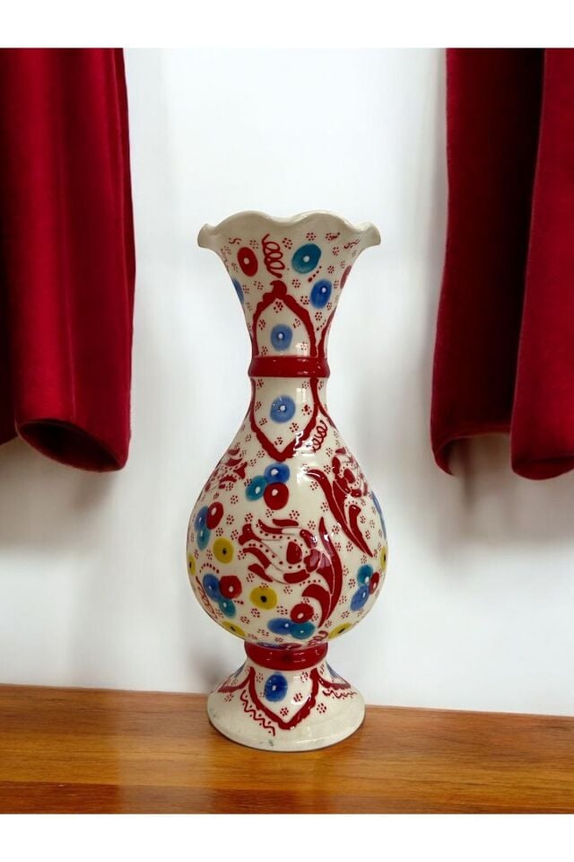 El Yapımı Lale Motifli Kırmızı Sümbül  Vazo - 25 cm