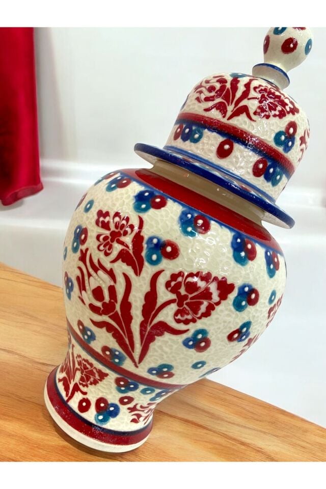 Trabzon Konsept El Yapımı Bordo Ve Mavi Renkli Çini Küp Vazo - 35 Cm