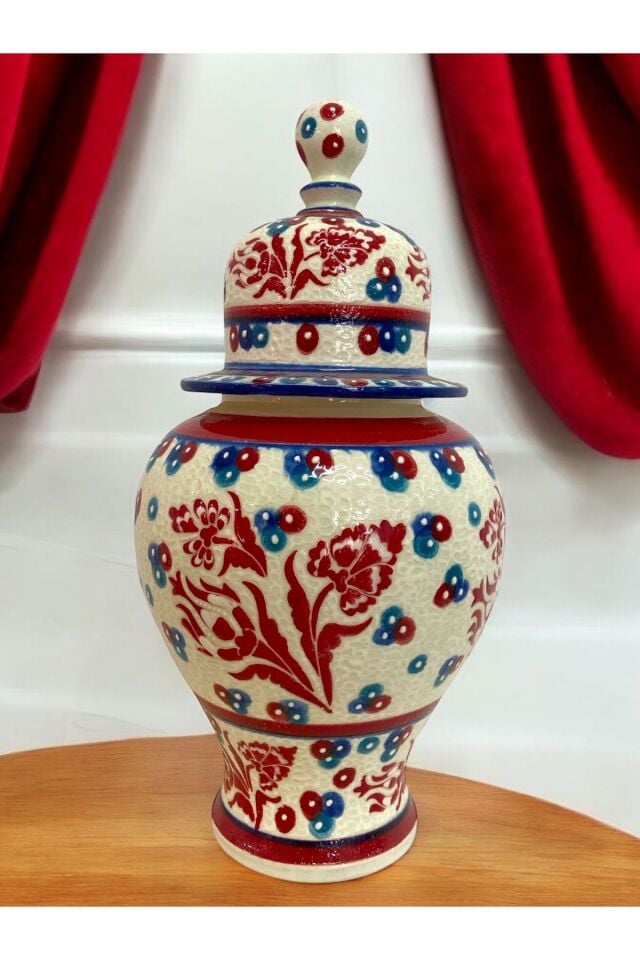 Trabzon Konsept El Yapımı Bordo Ve Mavi Renkli Çini Küp Vazo - 35 Cm