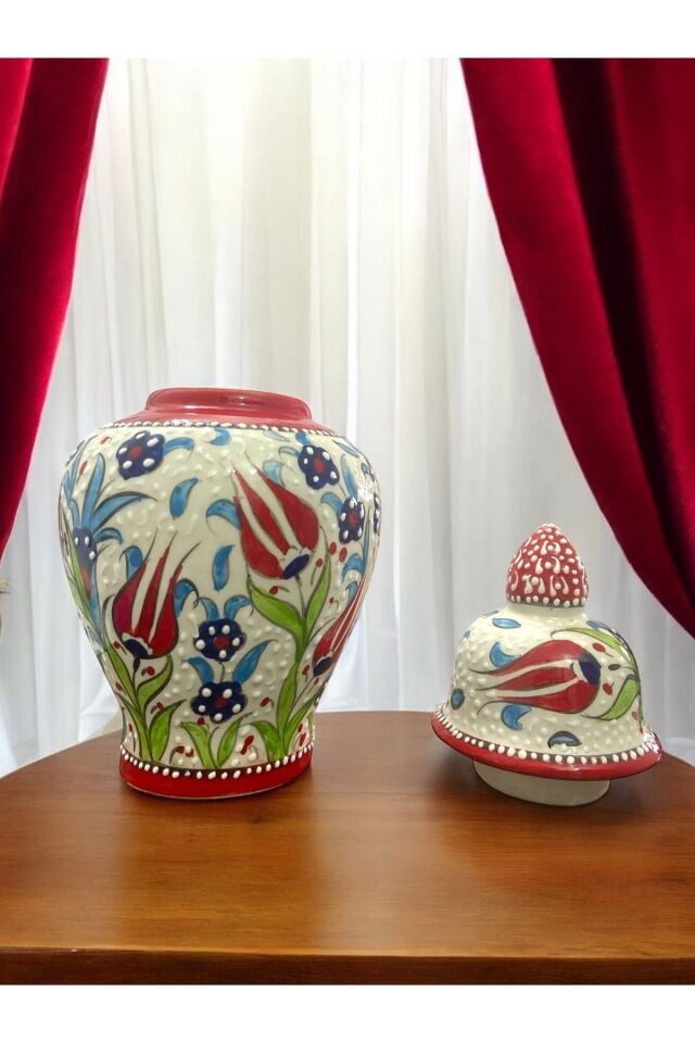 Lale Motifli El Yapımı Çini Küp Vazo - 25Cm