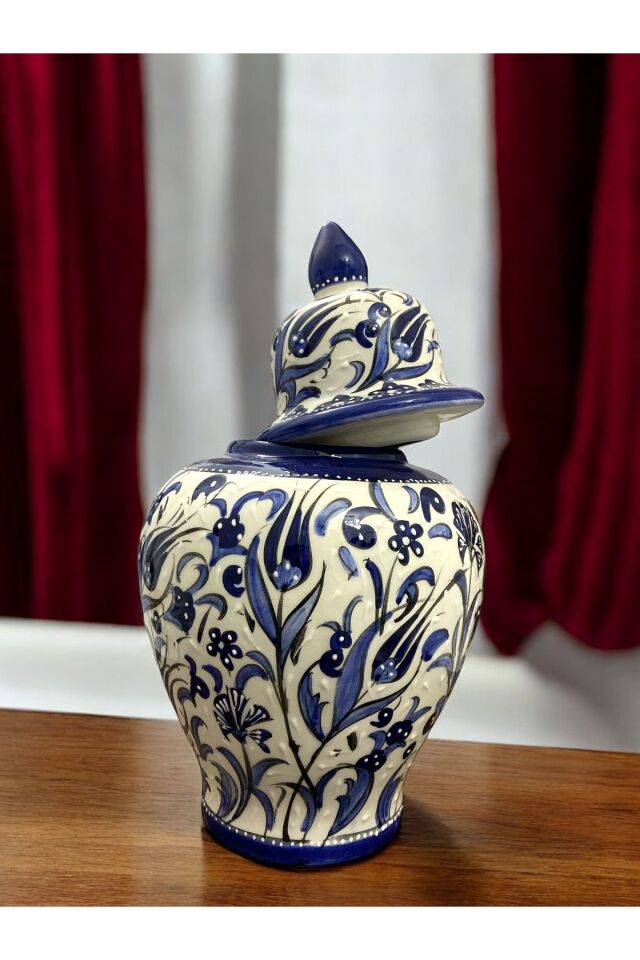 El Yapımı Kütahya Çini Şah Küp Vazo - 30cm Mavi Desenli