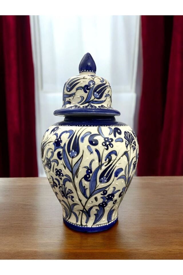 El Yapımı Kütahya Çini Şah Küp Vazo - 30cm Mavi Desenli