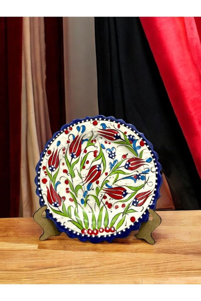 El Yapımı Kütahya Çinisi Lale Motifli 18Cm Çini Tabak - Mavi