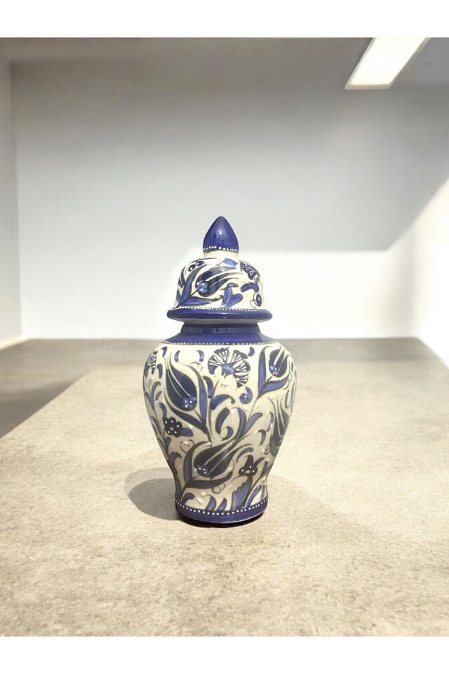 El Yapımı Çini Küp Vazo - 25 cm Renkli Çiçek Desenli