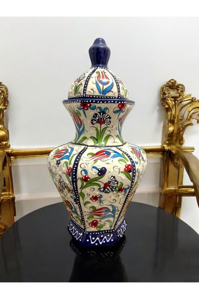 El Yapımı 30 cm Kapaklı Kütahya Çini Vazo - Özel Dekoratif Tasarım