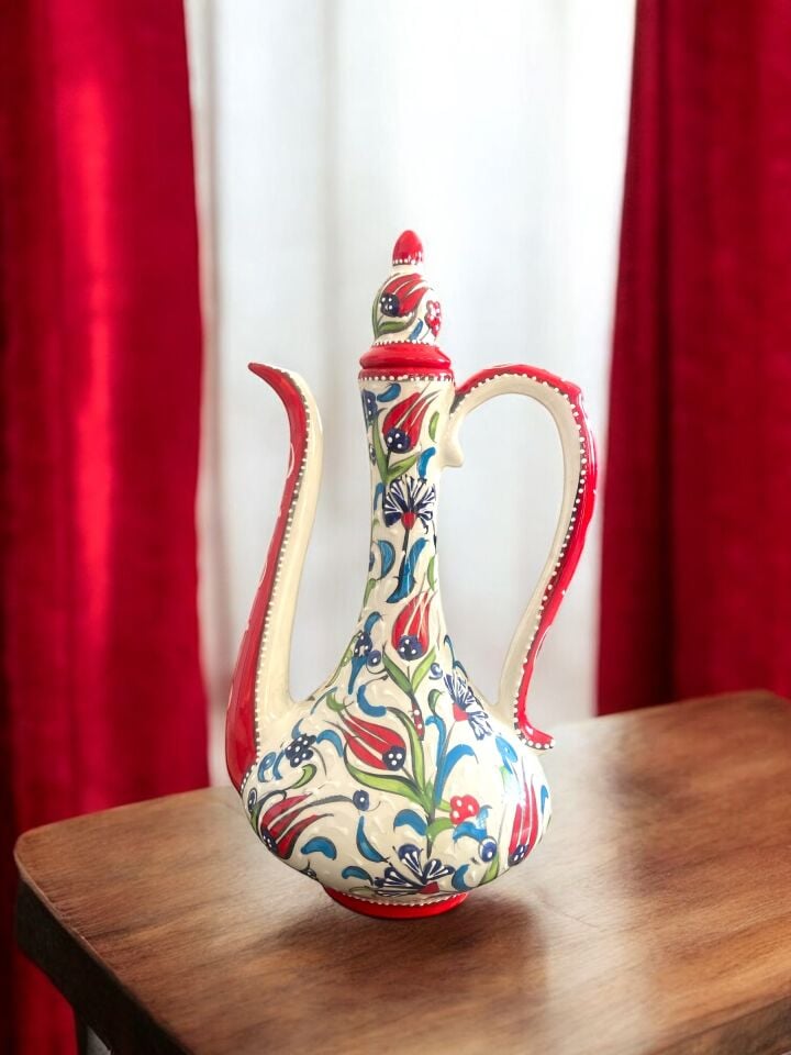 El Yapımı Kütahya Çinisi 30Cm İbrik Çini Vazo - (Kırmızı)