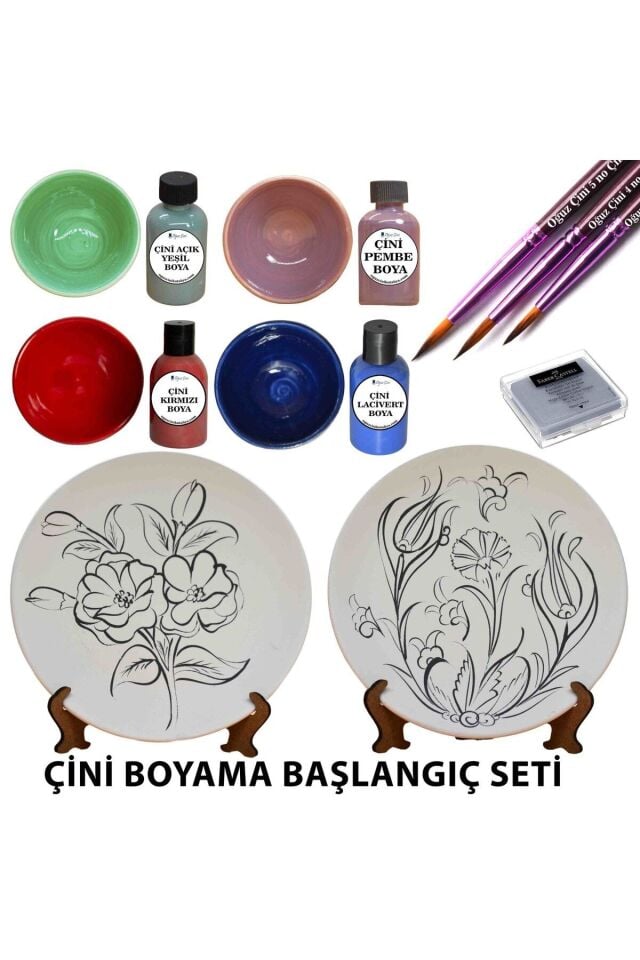 Çini Başlangıç  Tahrirli Tabak Boya Fırça Silgi Ayak Seti