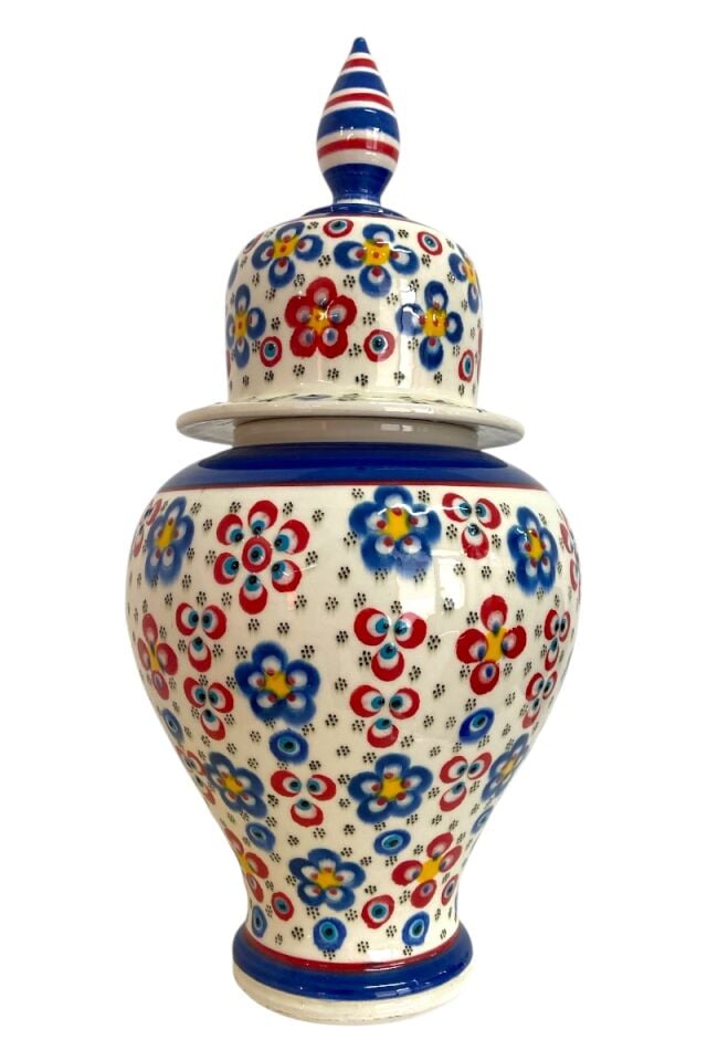 El Yapımı Çiçek Motifli 35Cm Çark İşi Şah Küp Çini Vazo