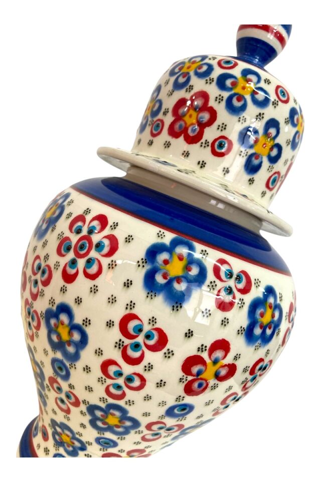 El Yapımı Çiçek Motifli 35Cm Çark İşi Şah Küp Çini Vazo