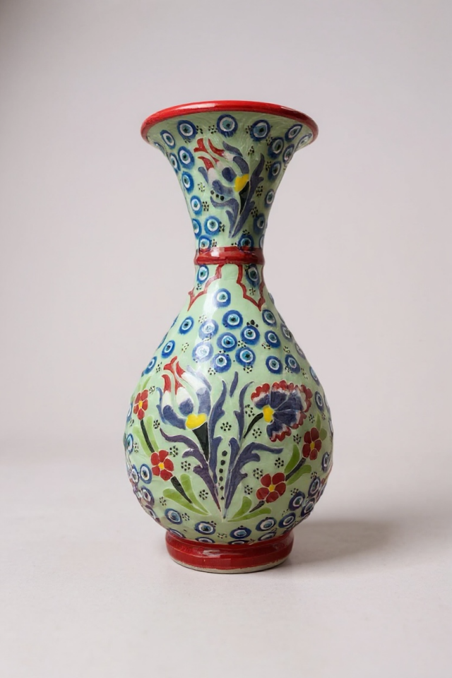 El Yapımı Çark İşi Lale Motif 25Cm Yeşil Çini Sümbül Vazo