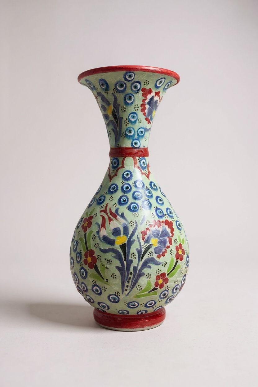 El Yapımı Çark İşi Lale Motif 25Cm Yeşil Çini Sümbül Vazo