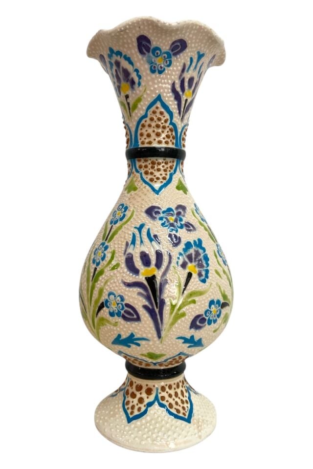 El Yapımı Lale Motifli 30Cm Çark İşi Sümbül Çini Vazo