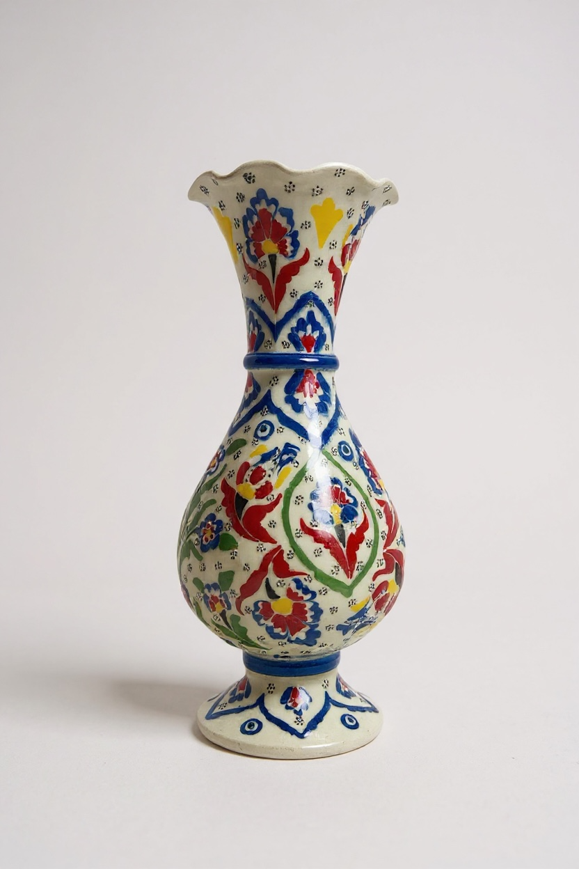 El Yapımı Çark İşi 30Cm Lale Motifli Çok Renkli Sümbül Çini Vazo