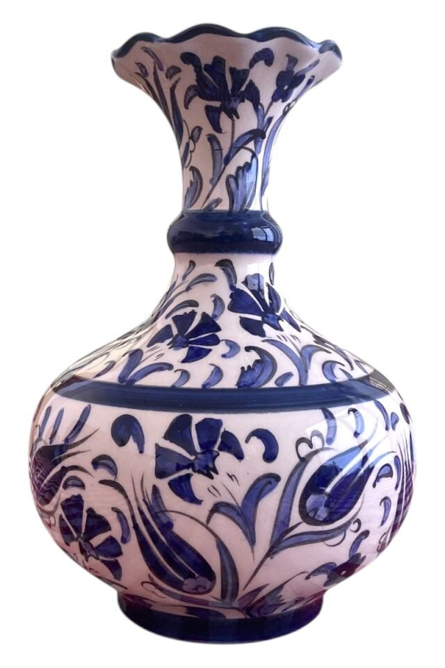 El Yapımı Lale Motifli 25Cm Geniş Çini Vazo