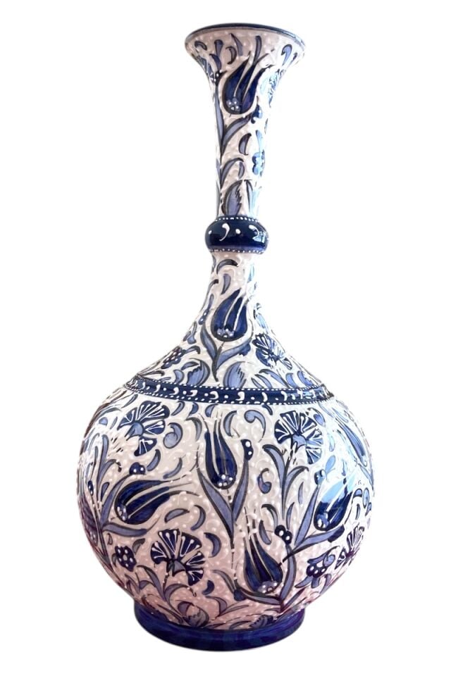Premium El Yapımı 42Cm Gözyaşı Çini Vazo - (Lacivert - Beyaz)