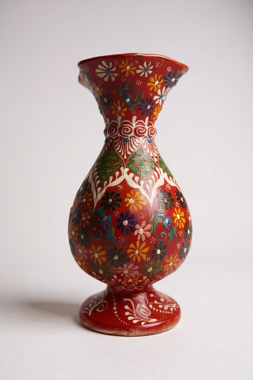 El Yapımı Dantel İşçiliği 30Cm Kırmızı Sümbül Çini Vazo