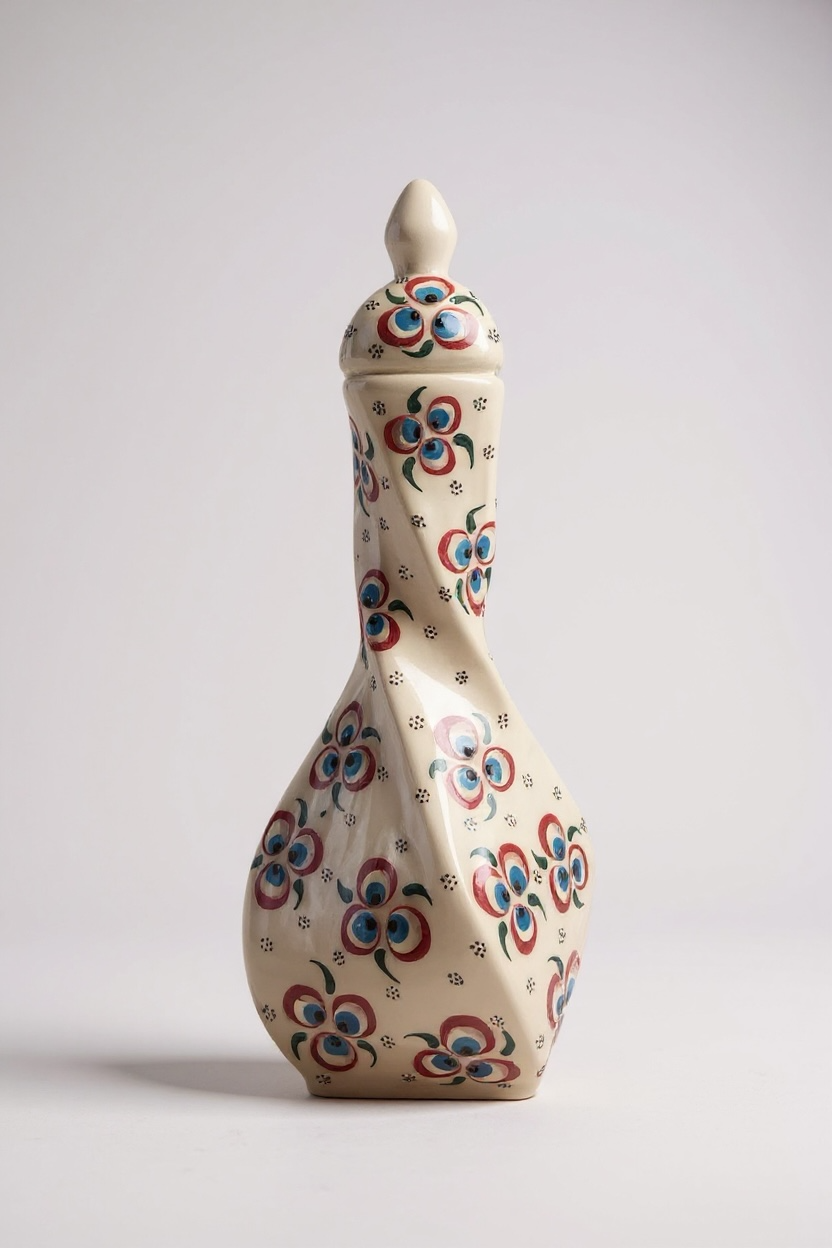 El Yapımı 36Cm Nazar Desenli Burgulu Beyaz Çini Vazo