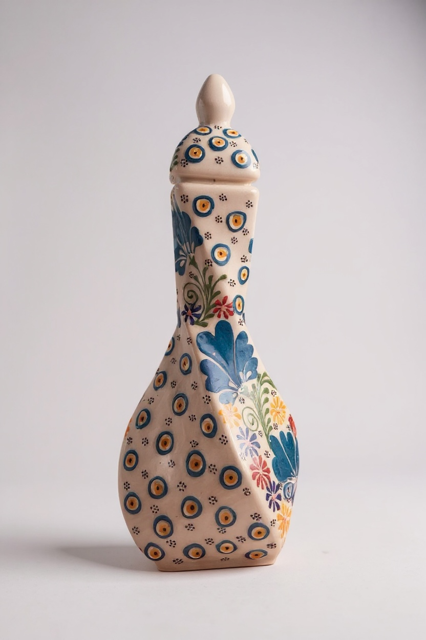 El Yapımı 36Cm Beyaz Burgulu Çini Vazo – Mavi Çiçek Desenli