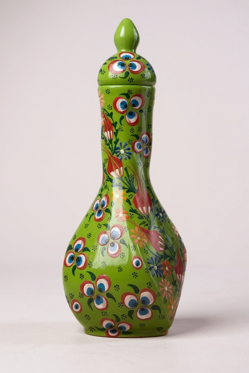 El Yapımı 36 cm Yeşil Burgulu Çini Vazo – Çiçek ve Nazar Desenli NO:3