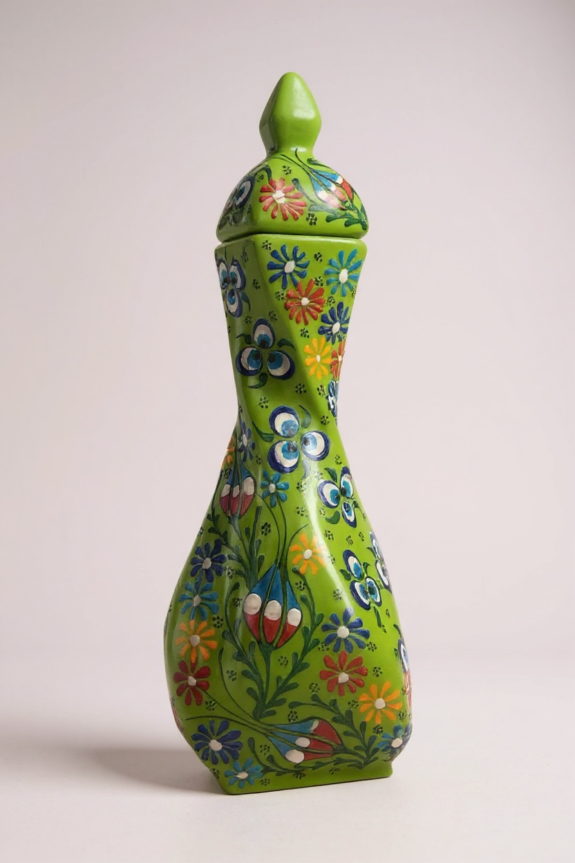 El Yapımı 36 cm Yeşil Burgulu Çini Vazo – Lale ve Çiçek Desenli NO:4