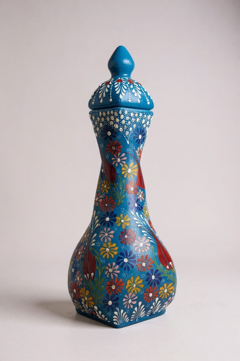 El Yapımı 36 cm Mavi Burgulu Çini Vazo – Lale ve Çiçek Desenli NO:3