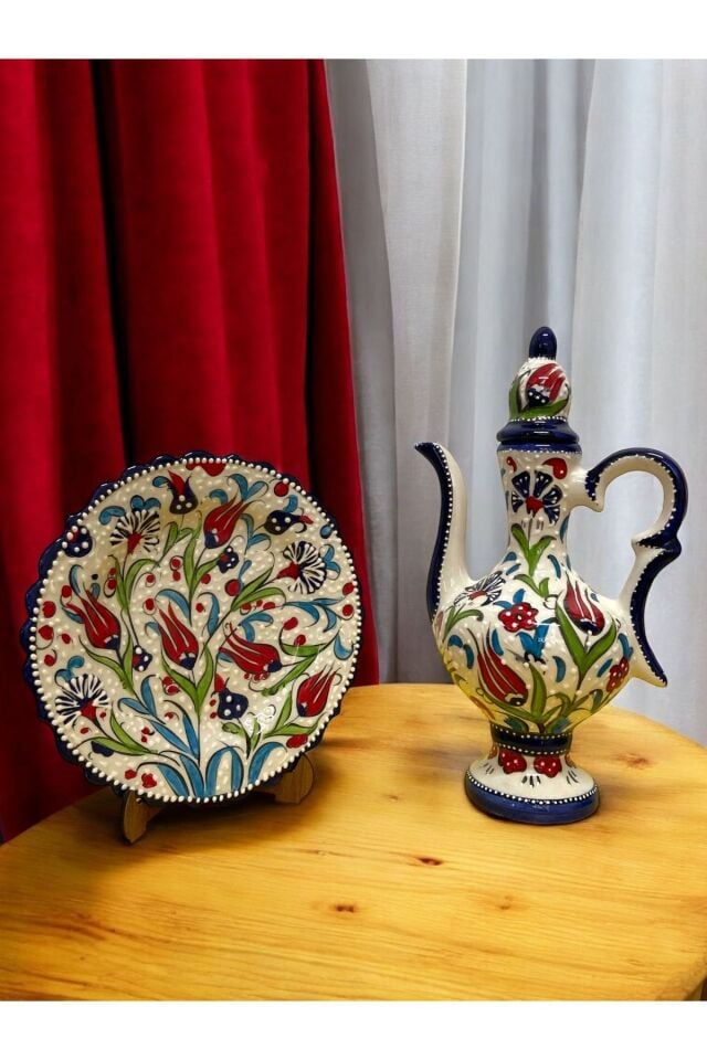 El Yapımı Kütahya Çinisi Narin İbrik Vazo Seti - (25cm vazo ve 18cm tabak)