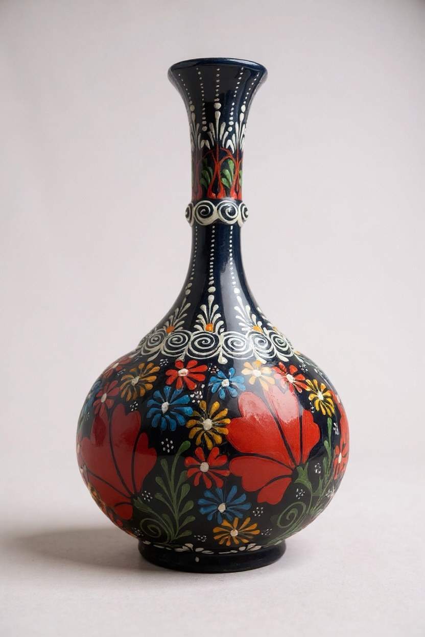 El Yapımı 30Cm Siyah Gözyaşı Çini Vazo – Kırmızı Çiçek Motifli