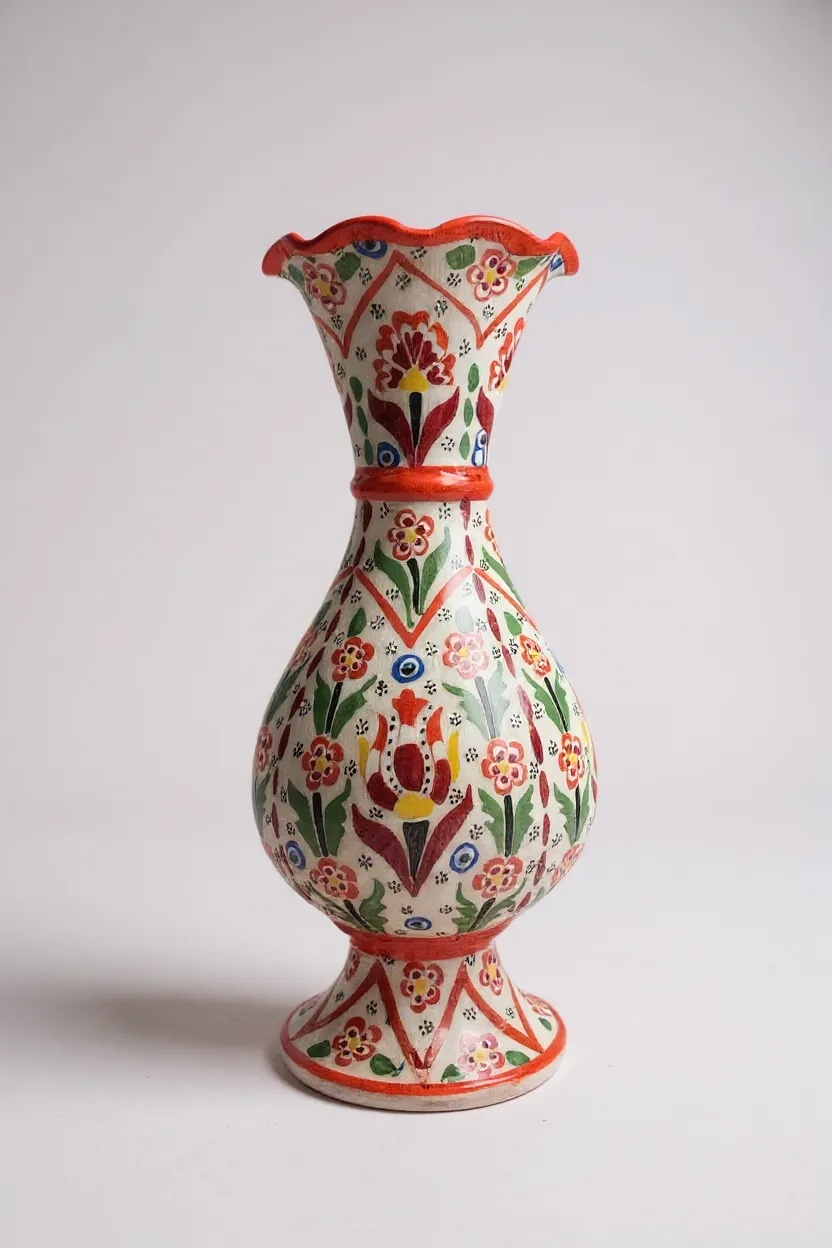 El Yapımı Çark İşi 30Cm Turuncu Beyaz Sümbül Çini Vazo