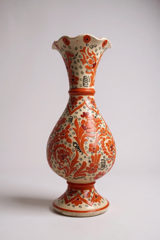 El Yapımı Çark İşi 30Cm Lale Motifli Turuncu Sümbül Çini Vazo