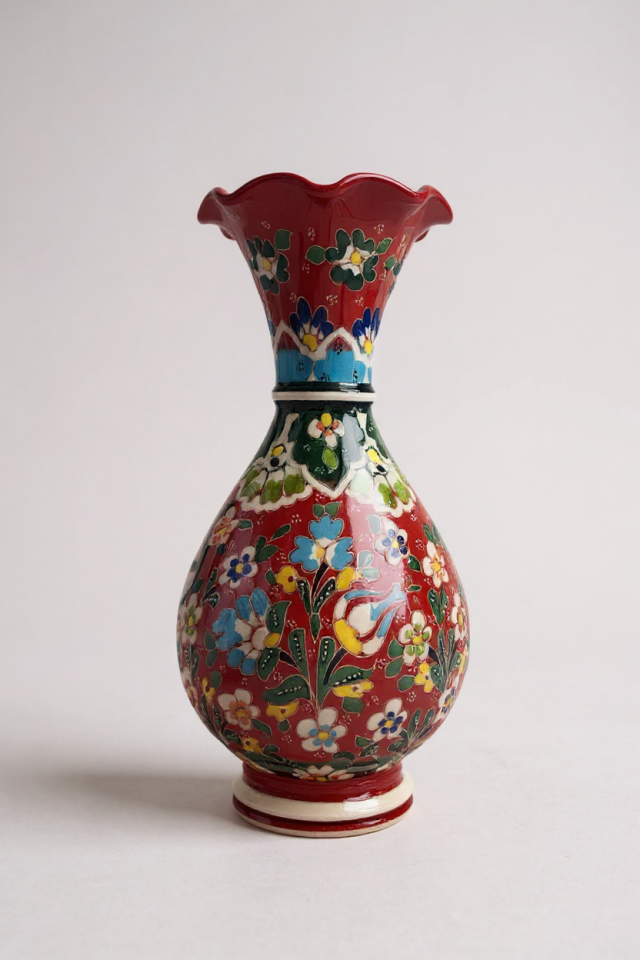 El Yapımı Çark İşi 30Cm Kırmızı Sümbül Çini Vazo