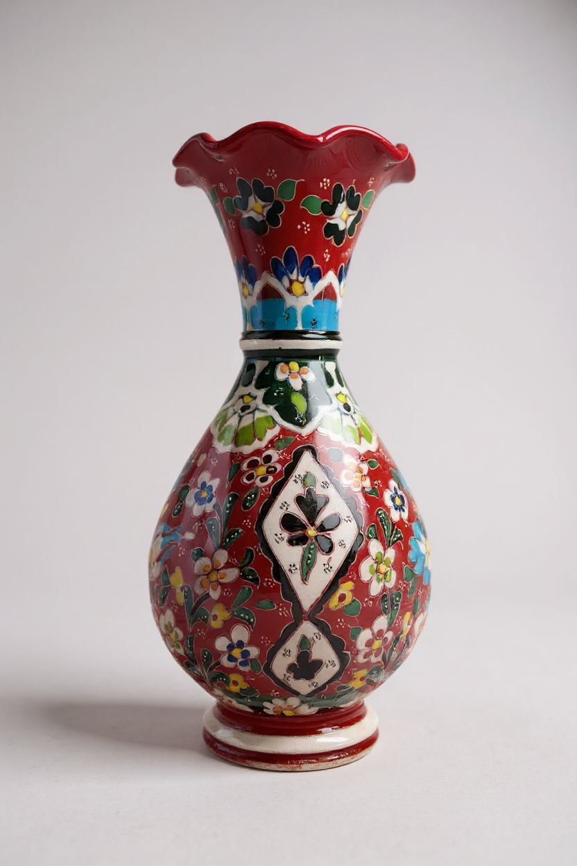 El Yapımı Çark İşi 30Cm Kırmızı Sümbül Çini Vazo