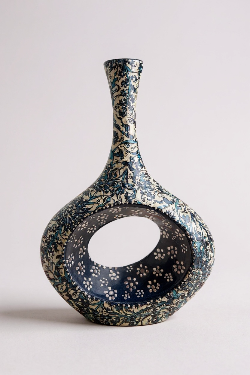 El Emeği 28Cm Lacivert Beyaz İskandinav Çini Vazo - Yapıştırma ve Kabartma İşçiliği