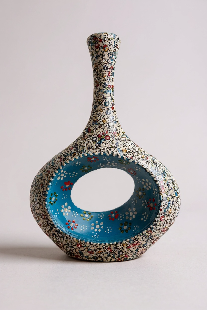 El Emeği 28Cm Mavi Beyaz İskandinav Çini Vazo - Yapıştırma ve Kabartma İşçiliği