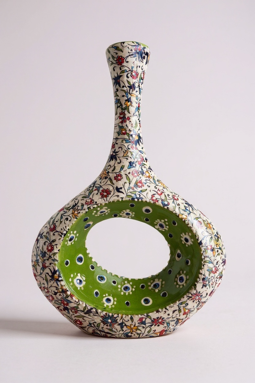 El Emeği 28Cm Açık Yeşil Beyaz İskandinav Çini Vazo - Yapıştırma ve Kabartma İşçiliği