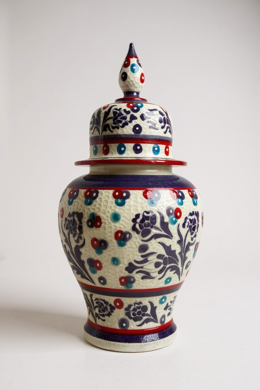 El Yapımı 35Cm Çark İşi Lale Motifli Mor Çini Şah Küp Vazo