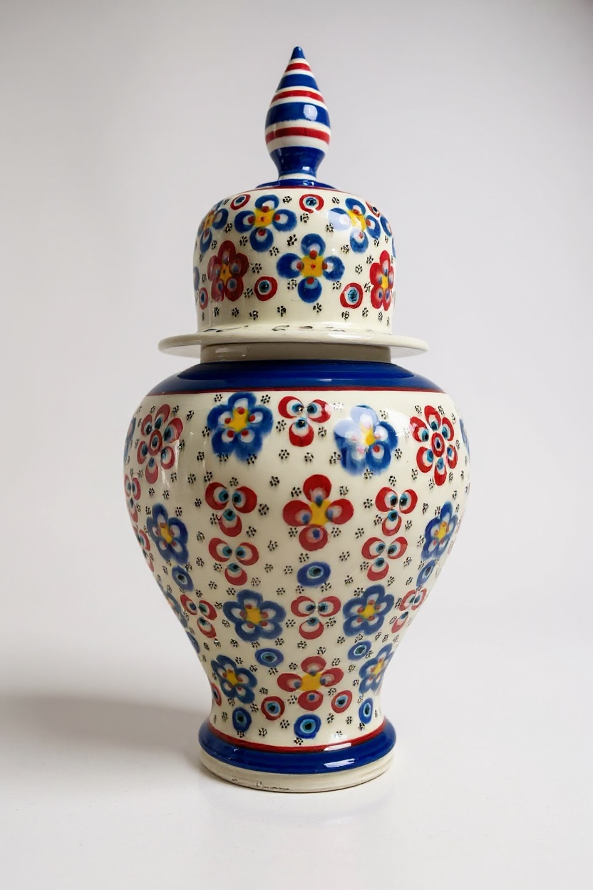 El Yapımı 35Cm Çark İşi Mavi Kırmızı Çiçek Motifli Şah Küp Çini Vazo