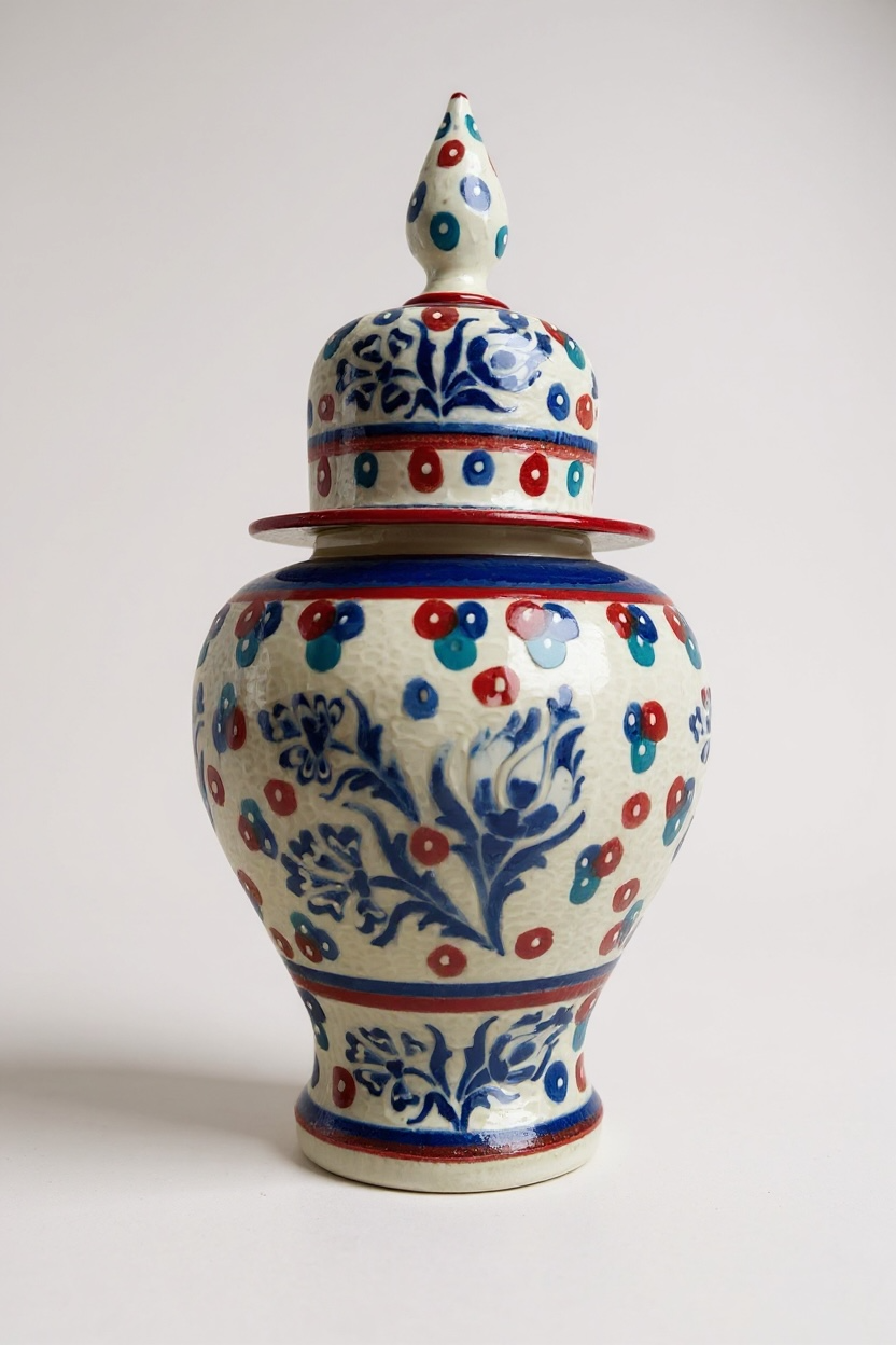 El Yapımı 35cm Çark İşi Lale Motifli Mavi Kırmızı Şah Küp Çini Vazo