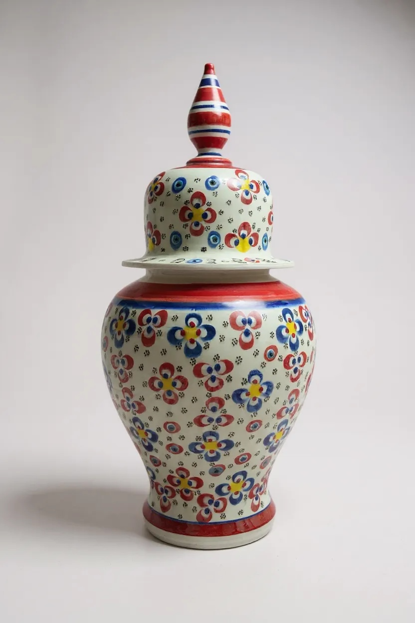 El Yapımı 35Cm Çark İşi Kırmızı Mavi Çiçek Motifli Şah Küp Çini Vazo NO:01