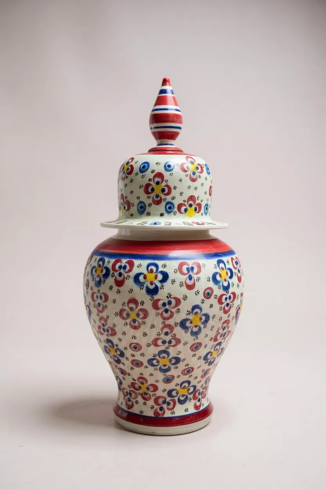 El Yapımı 35Cm Çark İşi Kırmızı Mavi Çiçek Motifli Şah Küp Çini Vazo NO:01