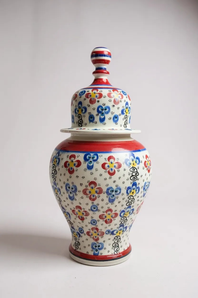 El Yapımı 35Cm Çark İşi Kırmızı Mavi Çiçek Motifli Şah Küp Çini Vazo NO:02