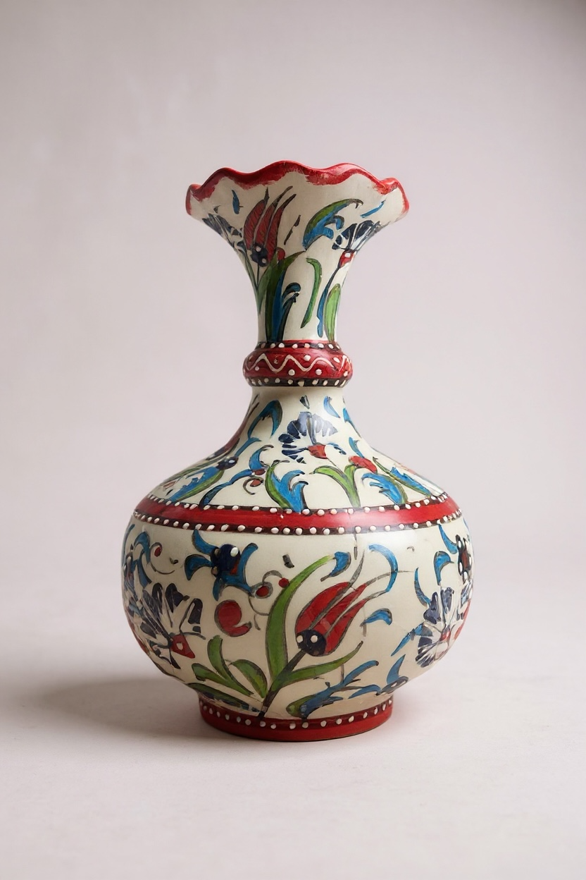 El Yapımı 25Cm Kırmızı Marul Formu Samur İşçiliği Çini Vazo