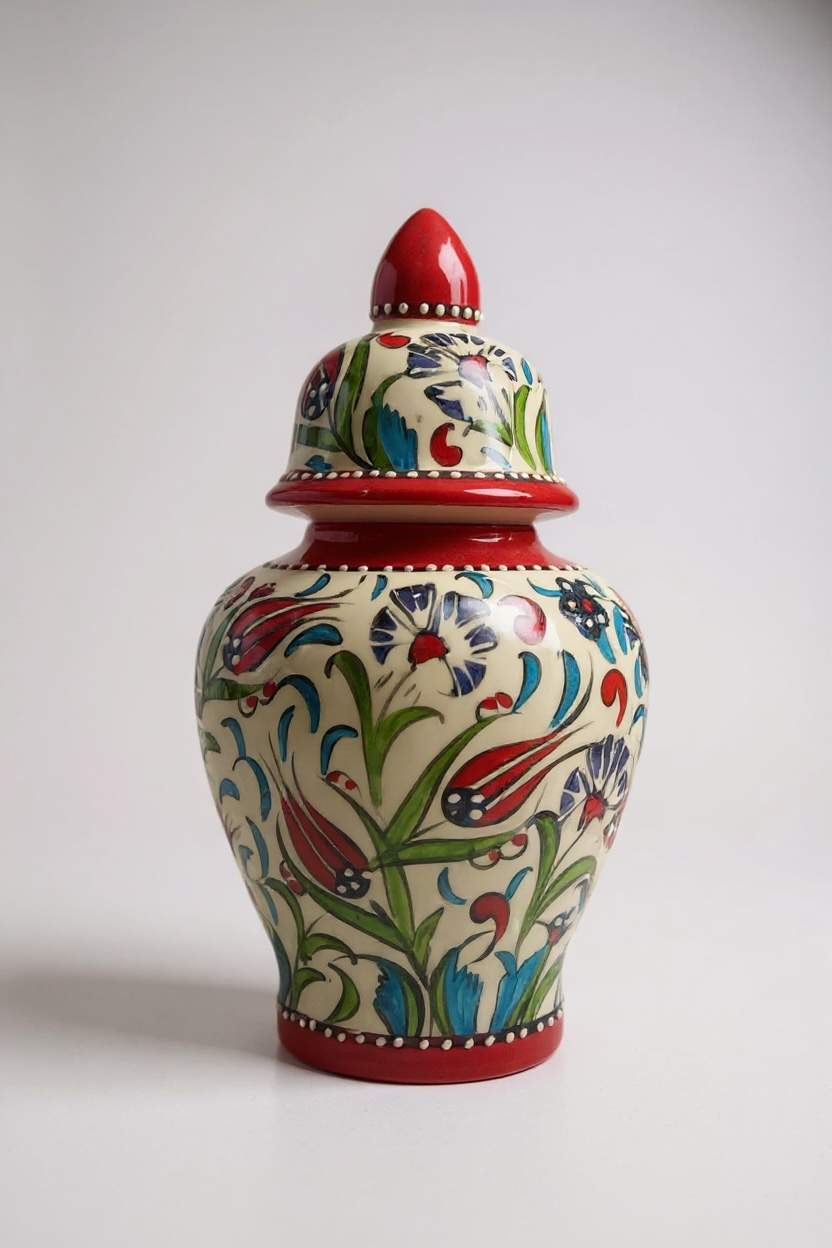 El Yapımı 25Cm Kırmızı Samur İşçiliği Şah Küp Çini Vazo