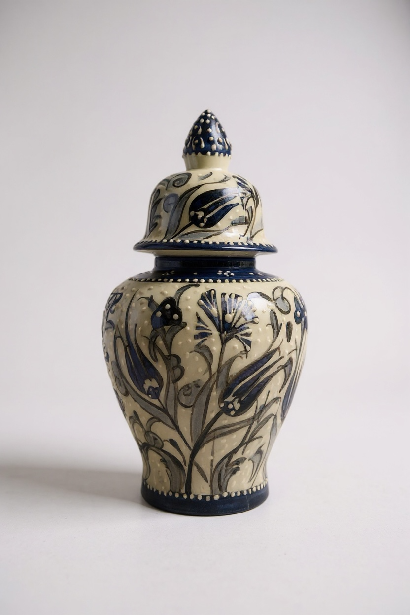 El Yapımı 25Cm Lacivert Beyaz Samur İşçiliği Şah Küp Çini Vazo