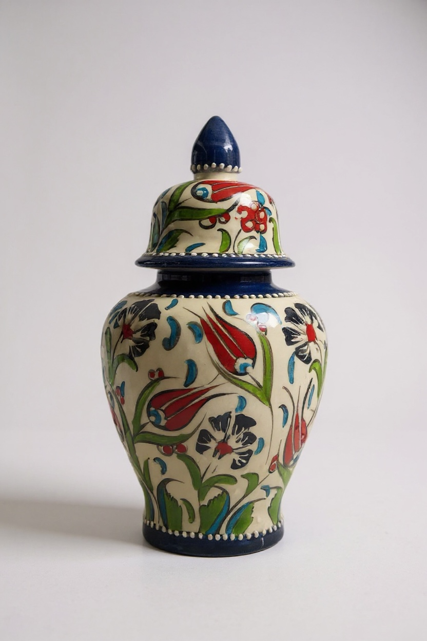 El Yapımı 25Cm Mavi Samur İşçiliği Şah Küp Çini Vazo