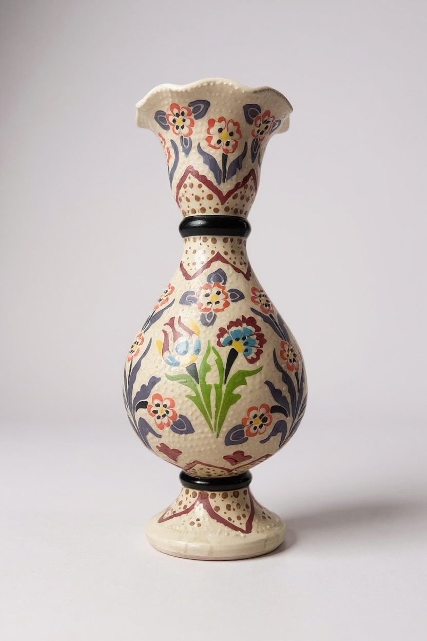 El Yapımı Çark İşi 30Cm Lale ve Sümbül Motifli Sümbül Çini Vazo