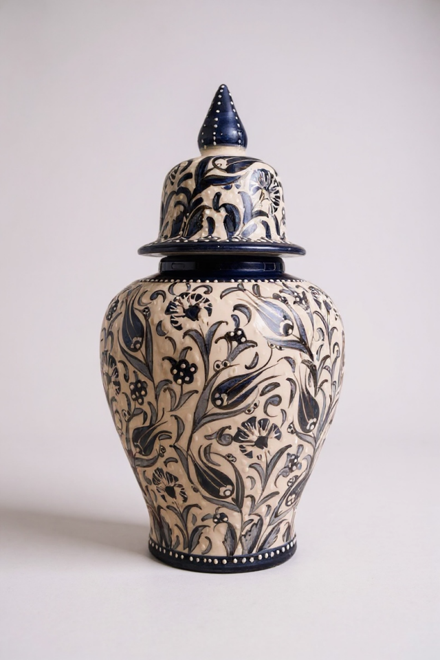 Premium El Yapımı 42Cm Lacivert Beyaz Şah Küp Çini Vazo