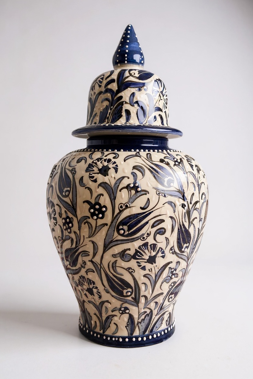 Premium El Yapımı 42Cm Lacivert Beyaz Şah Küp Çini Vazo