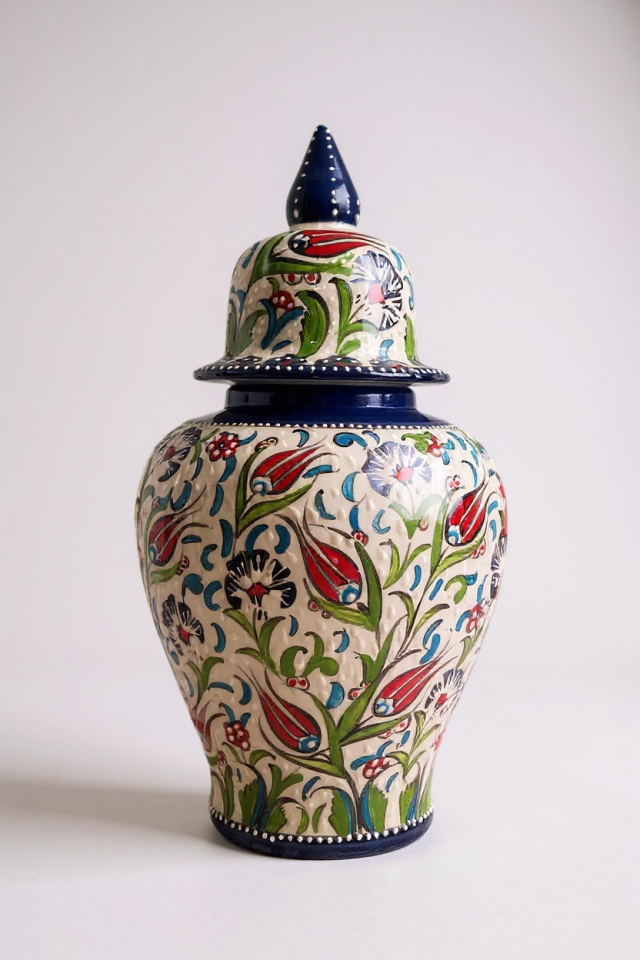 Premium El Yapımı 42Cm Samur İşçiliği Mavi Şah Küp Çini Vazo