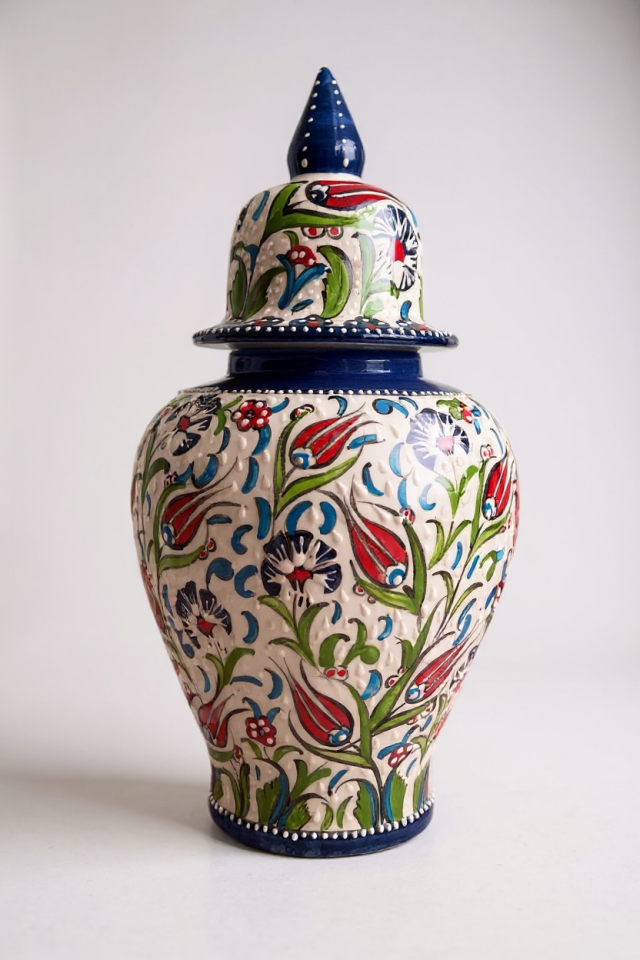 Premium El Yapımı 42Cm Samur İşçiliği Mavi Şah Küp Çini Vazo